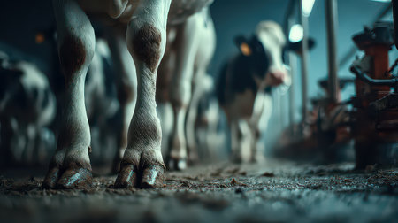 An atmospheric close-up of cows in a dairy farm setting showcases the milking process. The rustic environment highlights the bond between cattle and their care.の素材