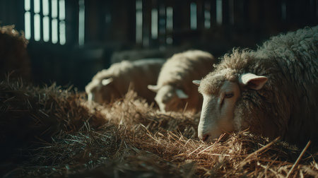 A serene scene featuring peaceful sheep resting on soft straw in a rustic barn. Natural light filters through, creating a cozy and tranquil atmosphere.の素材