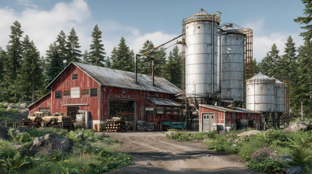 A picturesque rustic red barn stands amidst a vibrant green forest, featuring silos and farming equipment. Perfect for showcasing rural tranquility and agricultural charm.の素材
