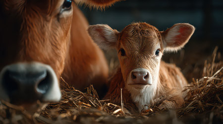 A charming close-up of a calf peacefully resting next to its mother in a cozy barn setting, surrounded by straw, highlighting the bond of nurturing and warmth in farm life.の素材