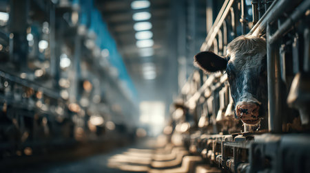 A cow stares through its stall in a modern dairy farm, showcasing the intricate design of farming facilities. The scene highlights rural life and animal care.の素材