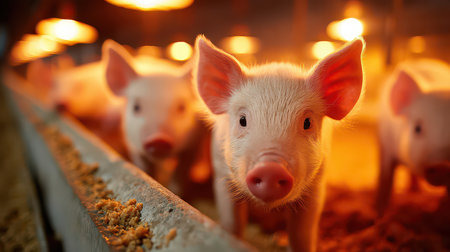 A group of adorable piglets showcases their curiosity in a warm barn setting, surrounded by soft lighting. This charming scene captures the essence of farm life.の素材
