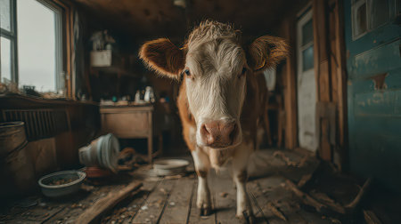 A charming cow stands in a rustic barn, surrounded by wooden textures and soft light. The scene captures the essence of farm life, highlighting simplicity and tranquility.の素材
