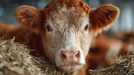 A close-up view of a curious calf in a barn, displaying its gentle expression. This image showcases the innocence and beauty of rural farm life, emphasizing animal welfare.の素材