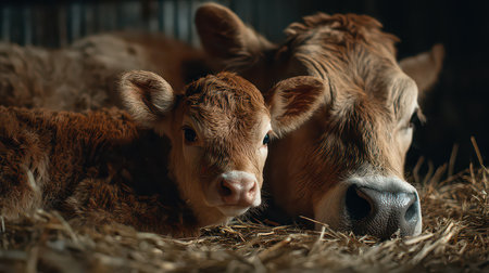A heartwarming scene of a mother cow and her calf resting together in a straw-filled barn, showcasing their close bond and gentle affection in a serene farm environment.の素材