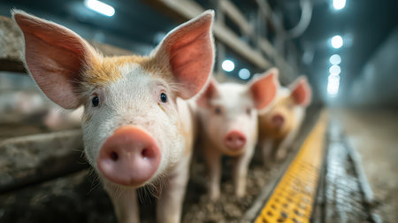 A close-up view of playful piglets in a barn setting, showcasing their cute features and warm expressions against a softened background. Perfect for agriculture themes.の素材