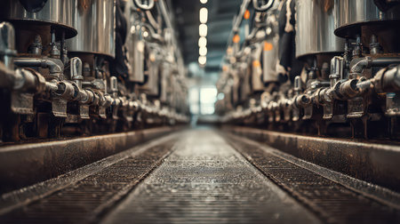 A close-up view of industrial equipment in a modern manufacturing facility, showcasing pipes and machinery, emphasizing the intricate design and technology within production processes.の素材