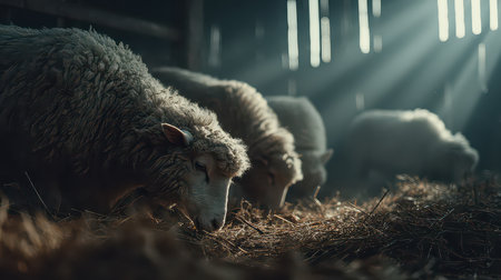 Sheep peacefully graze on hay inside a rustic barn, with warm sunlight streaming through wooden slats, creating a serene and cozy atmosphere in this farm setting.の素材