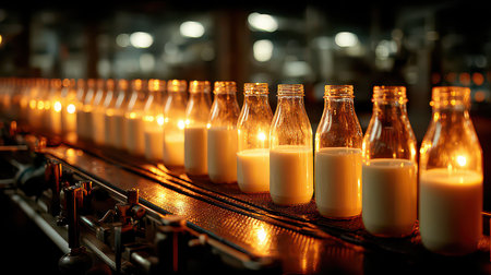 A serene scene showcasing glass milk bottles arranged neatly on a production line, softly illuminated by candlelight, evoking warmth and comfort in a dairy setting.の素材