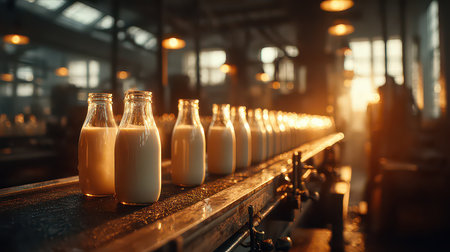 A serene milk processing line showcases glass bottles filled with fresh milk. The warm lighting creates an inviting atmosphere in the dairy factory setting.の素材