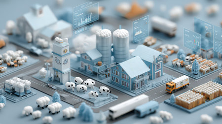 A vibrant depiction of a modern farming landscape showcasing technology and data analytics. Explore the integration of agriculture and innovation in rural settings.の素材