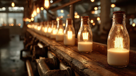 Warm candle light shines from vintage glass bottles, creating a cozy and inviting atmosphere in an industrial space. Perfect ambiance for relaxation.の素材