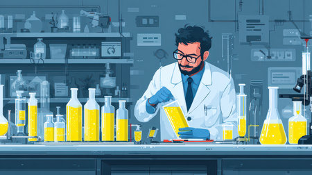 A scientist in a lab meticulously conducts an experiment with bright yellow liquids. The scene showcases various glassware and equipment, highlighting research and innovation.の素材