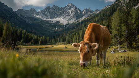 A serene brown cow grazes peacefully in a lush green meadow surrounded by majestic mountains, creating a serene landscape perfect for nature lovers.の素材