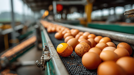 A close-up view of fresh brown eggs moving along a conveyor belt in an egg processing facility. The scene highlights food production and quality control in the agricultural industry.の素材