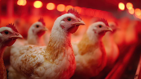 A captivating scene capturing chickens in warm light within a poultry farm. The image focuses on their intricate features and farm environment, highlighting agriculture practices.の素材