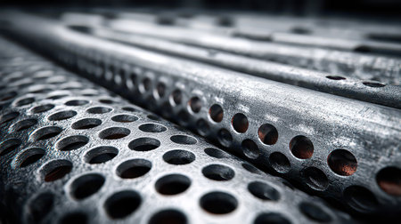 This detailed close-up image showcases metallic pipes with distinctive perforations, ideal for highlighting industrial design and engineering elements in various applications.の素材