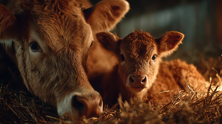 A serene scene depicting a mother cow and her playful calf resting together in a warm barn. Perfect for showcasing rural life and animal bonding.の素材