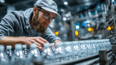 A focused man inspects bottles on a modern production line, showcasing the diligence and attention to detail required in a manufacturing environment.の素材