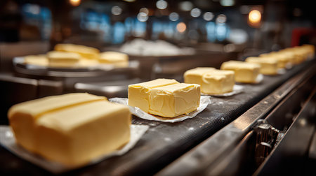 A close-up view of fresh butter sticks on a conveyor belt in a food production facility. This image captures the smooth texture and bright color of each stick, emphasizing the product's quality and freshness.の素材