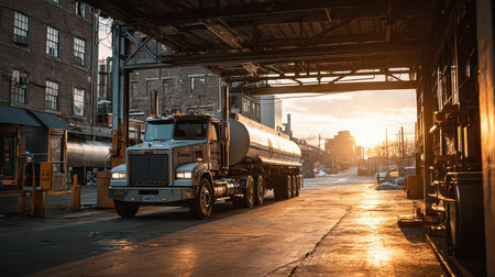 A striking image of a fuel truck parked in an industrial garage at sunset. The scene captures the dynamic contrast of sunlight against urban architecture.の素材