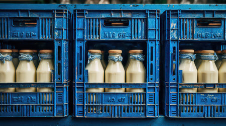 A rustic scene featuring fresh milk bottles neatly placed in blue plastic crates, showcasing the essence of farm-fresh dairy products in a charming setting.の素材