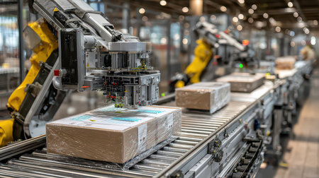 This image showcases advanced robotic systems working in a warehouse, illustrating modern automation in package handling and efficient logistics operations.の素材