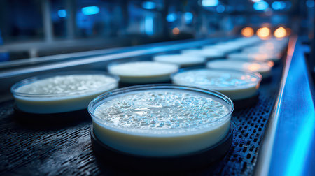 Image of dairy products being processed in a modern factory setting, showcasing containers filled with cream on a production line. The scene highlights industrial efficiency and hygiene in food manufacturing.の素材