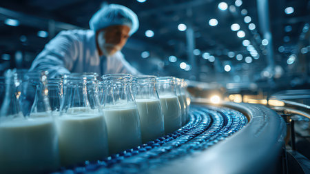 A modern dairy processing plant showcasing a conveyor belt lined with bottles of fresh milk. Workers in sterile attire ensure quality and efficiency in the production line.の素材