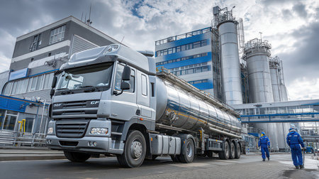 A silver tanker truck is positioned at an industrial facility, showcasing modern architecture. Workers are visible in the background, emphasizing the transportation and logistics industry.の素材
