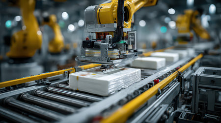 An advanced robotic arm efficiently handles packages on an automated production line in a modern factory setting, showcasing innovation in manufacturing and logistics.の素材