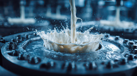 A dynamic capture of milk splashing as it enters a machine, depicting the vibrant and lively process of dairy production in an industrial setting.の素材