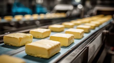 Rows of fresh butter blocks move along a conveyor belt in a modern food manufacturing facility, showcasing efficiency in dairy production and packaging.の素材