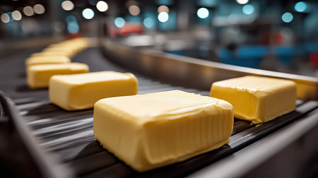 The image captures butter blocks moving along a conveyor belt in a food production facility, highlighting the efficiency and technology used in dairy processing.の素材