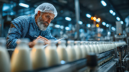 A mature worker performs quality control in a dairy factory, carefully inspecting milk bottles on the assembly line, showcasing dedication and expertise in production standards.の素材