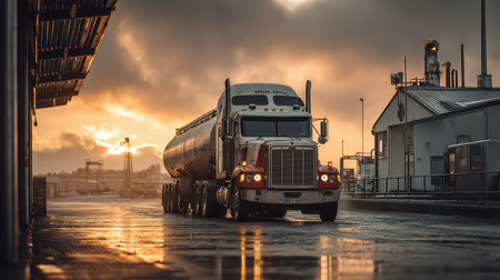 A heavy-duty truck parked at an industrial site during a dramatic sunset. The wet asphalt reflects the vibrant colors of the sky, showcasing transportation and industry.の素材