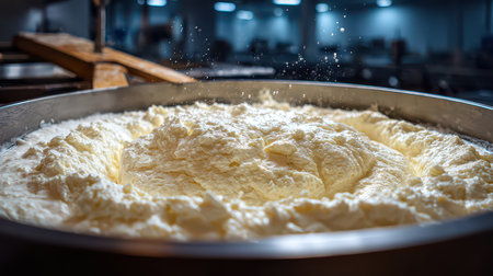 Discover the artistry of creamy cheese production at a dairy factory. This close-up image captures the rich texture and bubbles of fresh cheese in progress, showcasing craftsmanship and dedication to quality.の素材