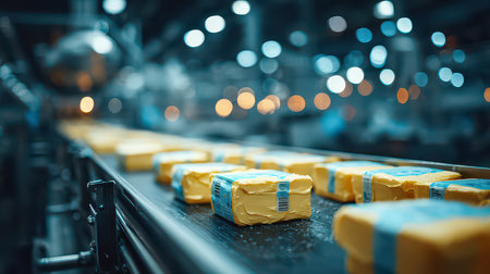 This image showcases the production process of butter in a modern dairy factory, emphasizing machinery, automation, and the importance of food quality and freshness.の素材