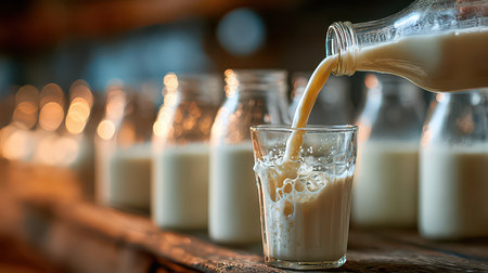 A cozy scene featuring fresh milk pouring from a bottle into a glass, with rustic jars in the background. Ideal for themes of freshness and dairy products.の素材