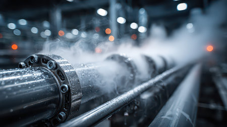 Close-up view of an industrial pipe releasing steam in a factory. The image captures the details of machinery, highlighting energy processes and modern engineering.の素材