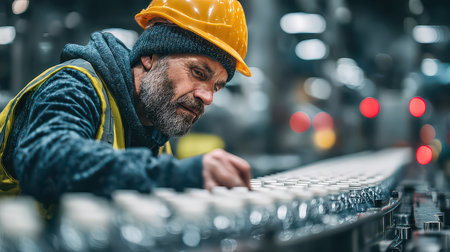 A dedicated male worker inspects glass bottles on a production line, ensuring quality and precision in a busy manufacturing environment. Safety gear is worn.の素材