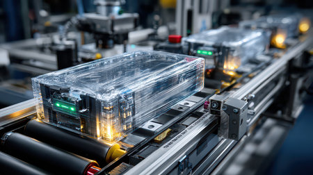 A detailed view of an advanced robotic assembly line showing transparent packages moving on a conveyor. The image emphasizes modern technology and efficiency in production.の素材