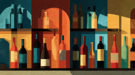 This colorful abstract illustration features a variety of wine bottles displayed on a modern shelf, creating a vibrant and stylish atmosphere. Ideal for decor.の素材