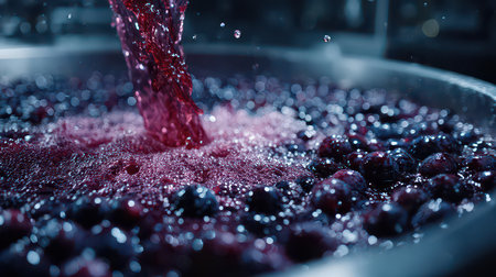 A close-up view of a vibrant liquid being poured into a container filled with fresh berries. The scene captures bubbles and textures, showcasing culinary artistry and refreshing ingredients.の素材