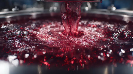 A close-up of vibrant red liquid pouring into a metal container, creating lively bubbles. The scene captures the dynamic flow and texture of the refreshing fluid in an industrial setting.の素材