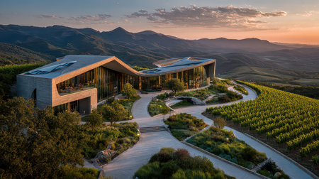 Stunning modern winery set in a picturesque landscape, showcasing a unique architectural design amidst lush vineyards and rolling hills at sunset.の素材