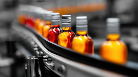 A vibrant production line showcases orange and red bottles moving smoothly along a conveyor belt in an industrial beverage factory. The scene captures the essence of manufacturing efficiency.の素材
