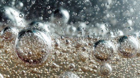 Captivating close-up image of rising bubbles in clear liquid, depicting the unique textures and patterns formed by carbonation, perfect for beverage-related designs.の素材