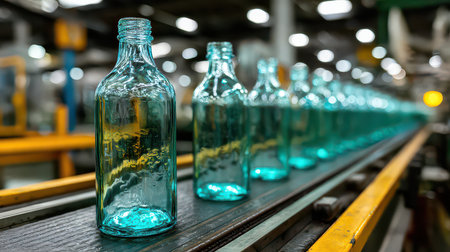 Row of clear glass bottles moving along a production line in a factory. The modern setting showcases the efficiency of glass manufacturing and design.の素材