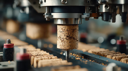 Close-up view of automated machinery during cork production in a modern factory. The image showcases the intricate details of precision and technology in manufacturing.の素材